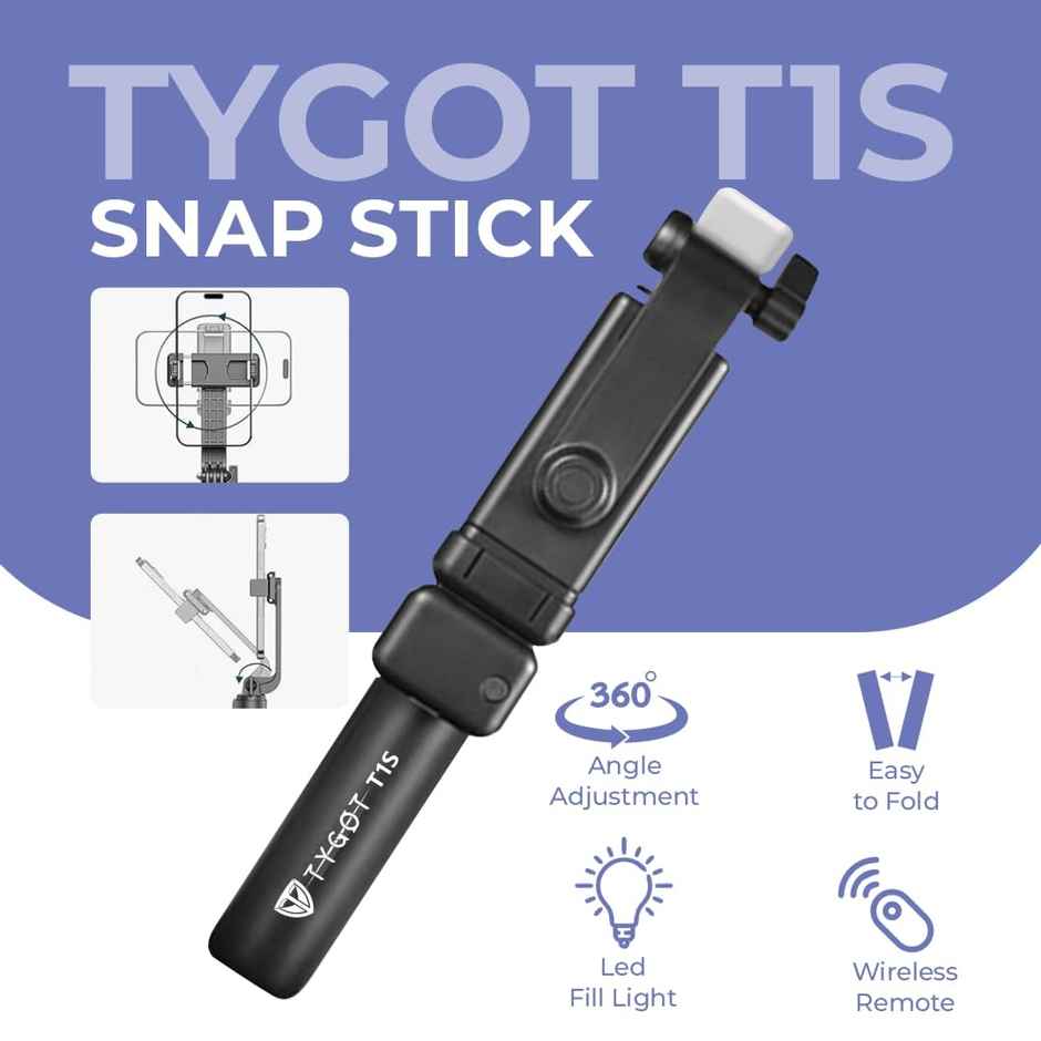 Tygot T1S Snapstick Tripod Stand,3 in 1 Multifunctional Design, Rechargable LED Light with Two Brighness Levels for Make up, Selfie, Vlogging & Photo Shoot, Selfie Stick with Bluetooth Remote