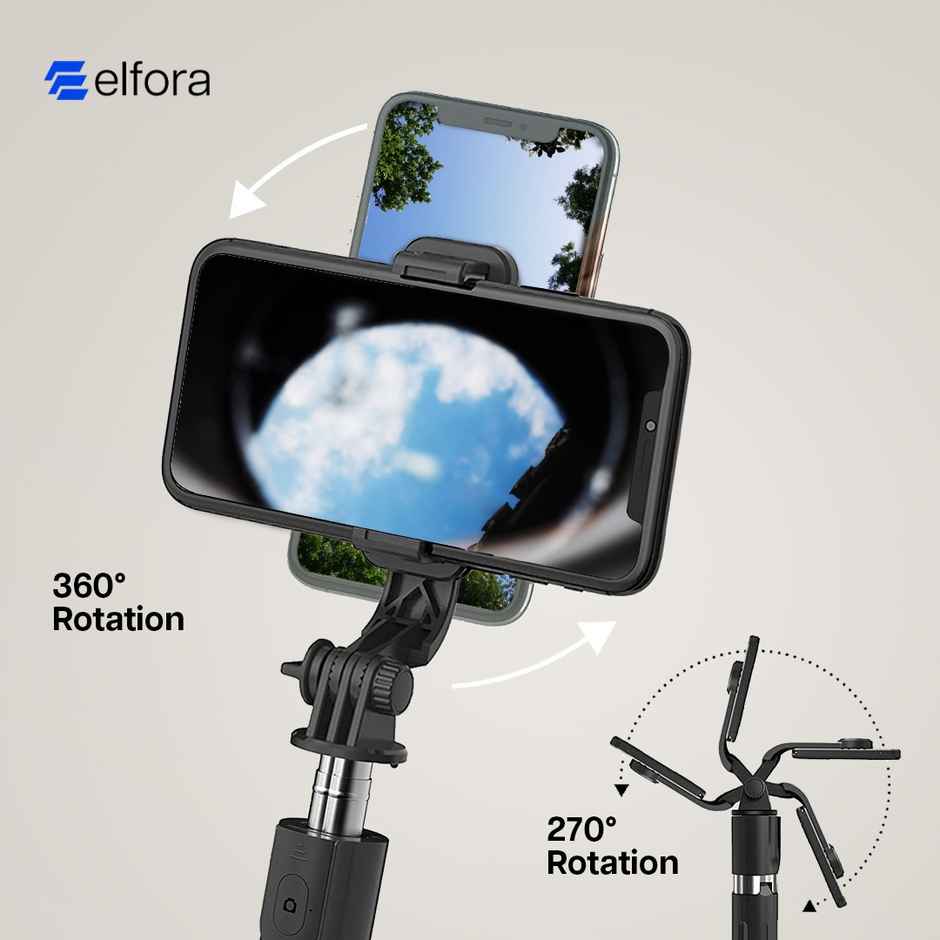 Elfora Bluetooth Selfie Stick Tripod Stand with 360 Degree Adjustable | Black