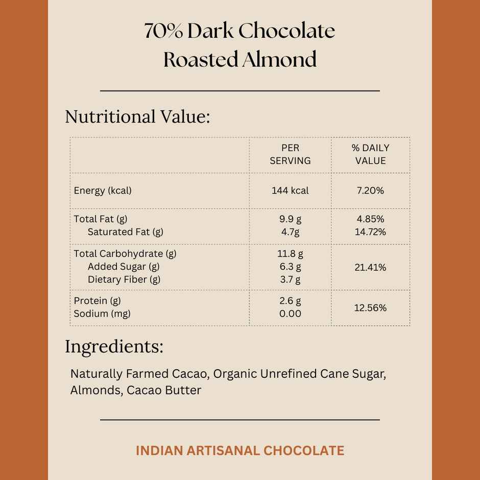 Darkins Indian Artisanal 70% Dark Roasted Almonds Chocolate