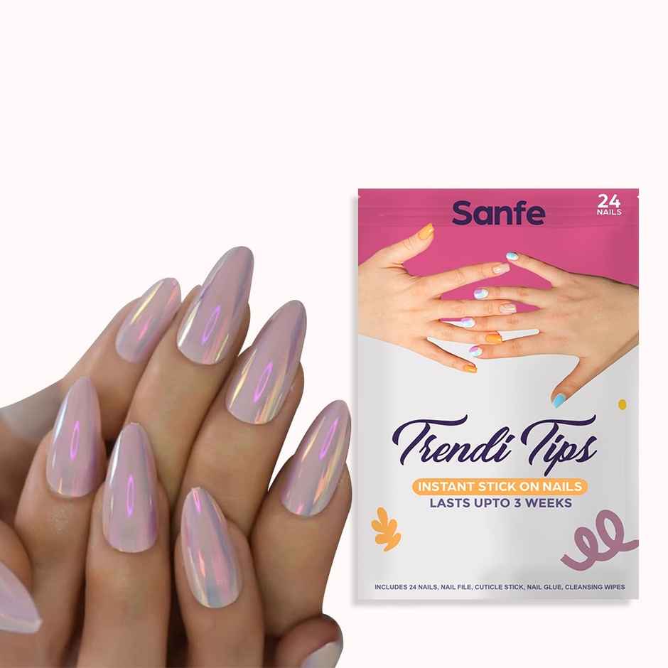 Sanfe Instant Stick On Nails - Solid Almond 24 Reusable Artificial Fake Nail, Salon Look