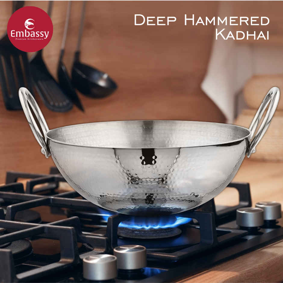 Embassy Premium Deep Hammered Kadhai, Heavy-Weight, Size 22-1800 ml, Induction-Safe Stainless Steel