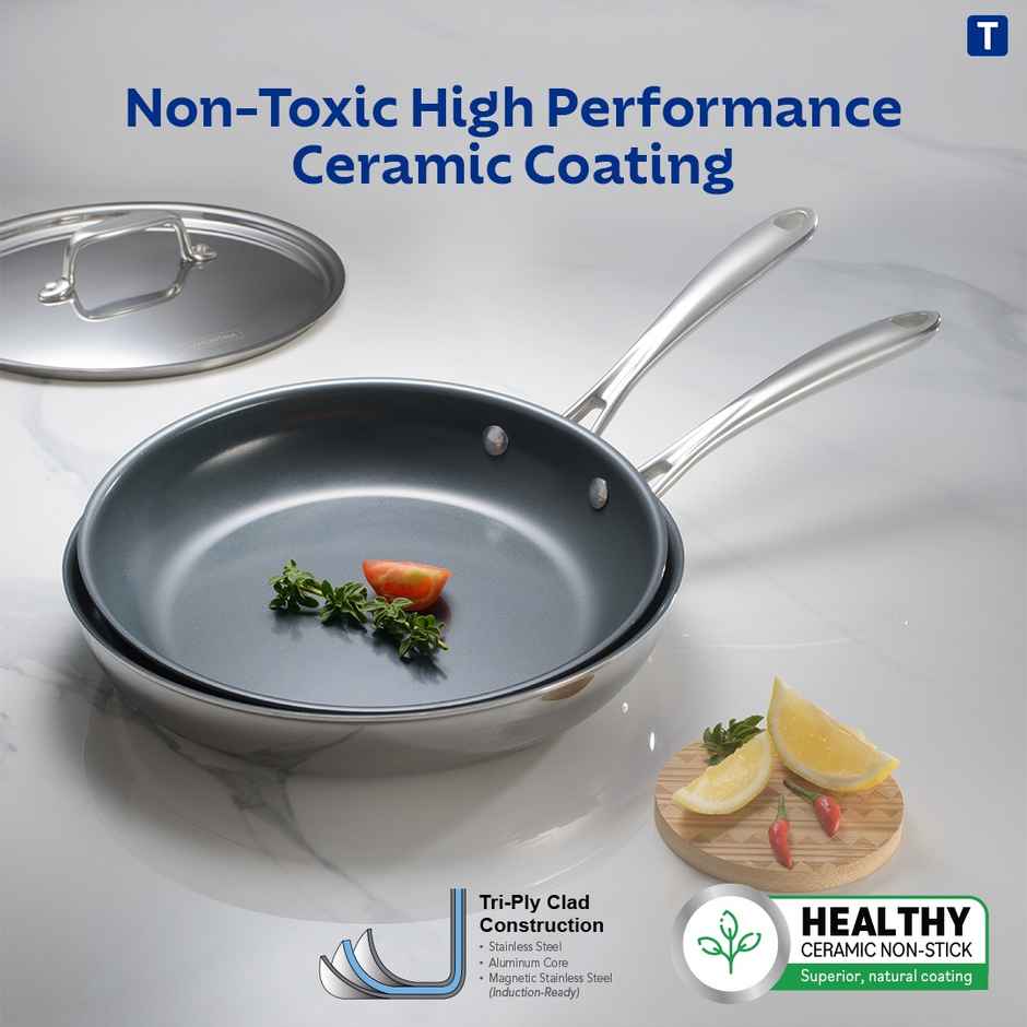 Tramontina Fusao Triply Ceramic Fry Pan | 26 cm | Stainless Steel Lid | Induction Compatible