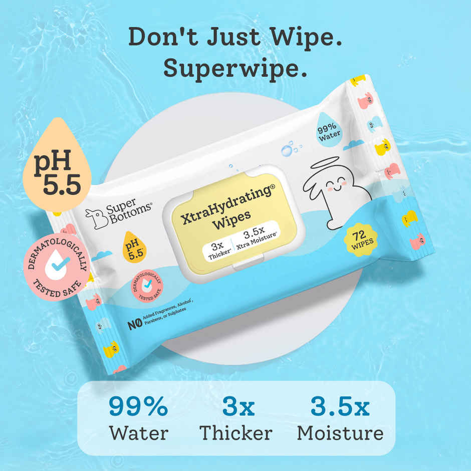 SuperBottoms 99% Pure Water Baby Wipes(72 pcs), 5.5 pH Formula, Skin-Friendly Soft Wet Wipes