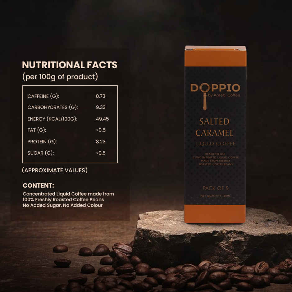 Doppio By Korebi Coffee Salted Caramel-Artisan Instant Liquid Coffee Concentrate|5-Pack|20 ml Each