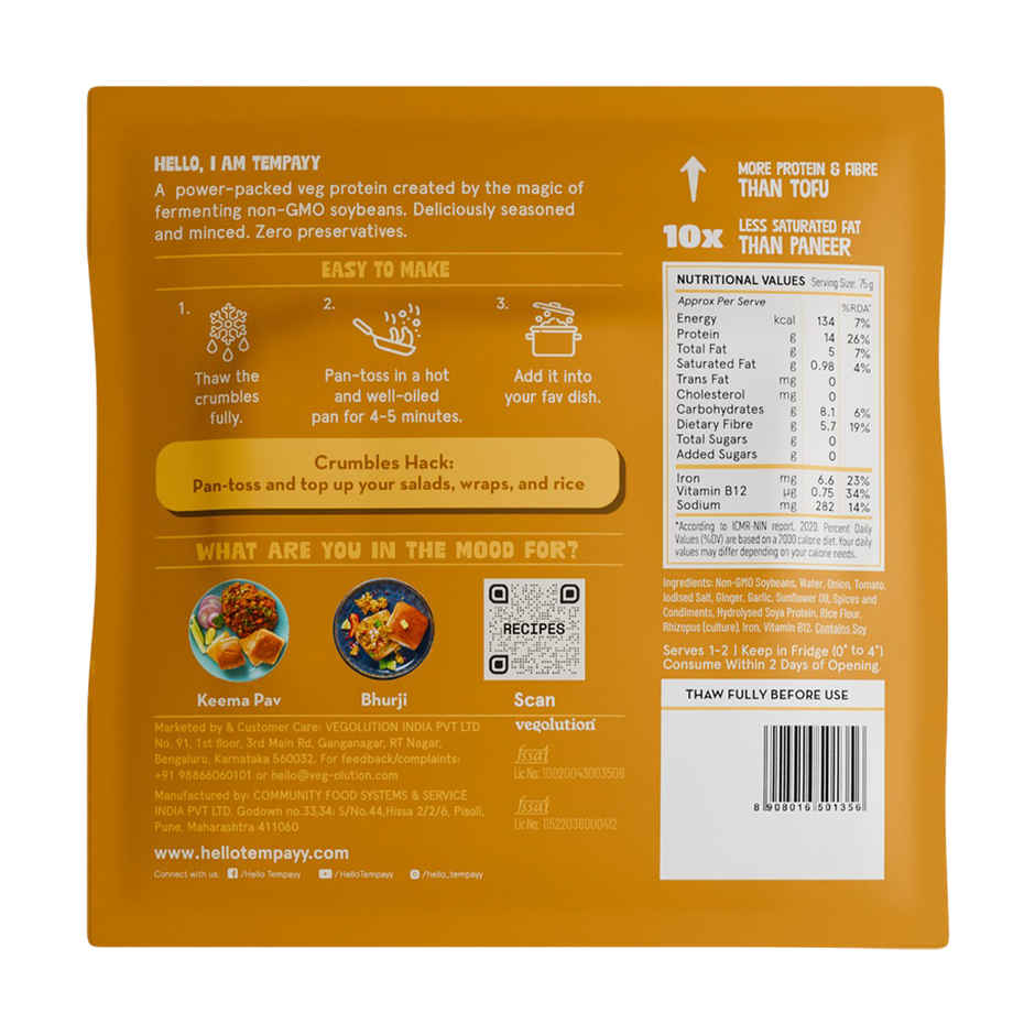 Hello Tempayy 14g Protein Tempeh Crumbles | Tawa Masala - Heat & Add | Soy Tempeh
