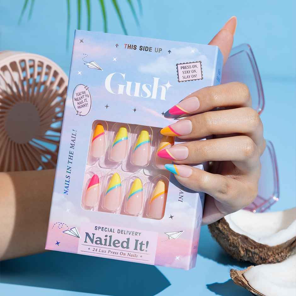 Gush Beauty Nailed It | Reusable Luxury Press On Nails | Medium Almond | Candy Land | Nude & Gold