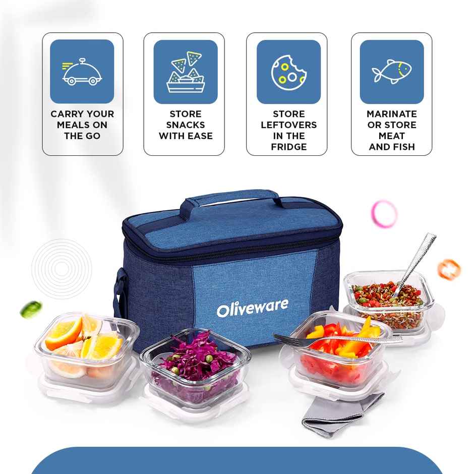 Oliveware Slick Glass Lunch Box, 4 Borosilicate Glass and Microwave Safe Container - Blue