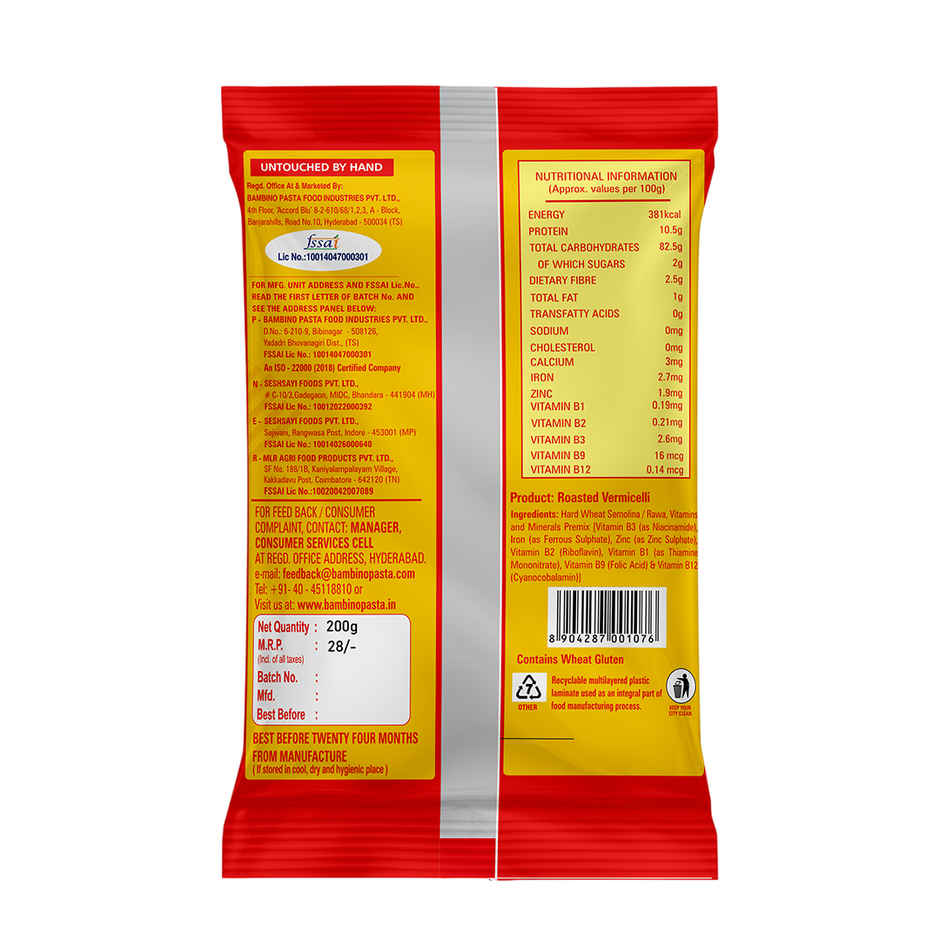 Bambino Roasted Vermicelli Seviyan - Pure Suji, No Maida, Protin Rich