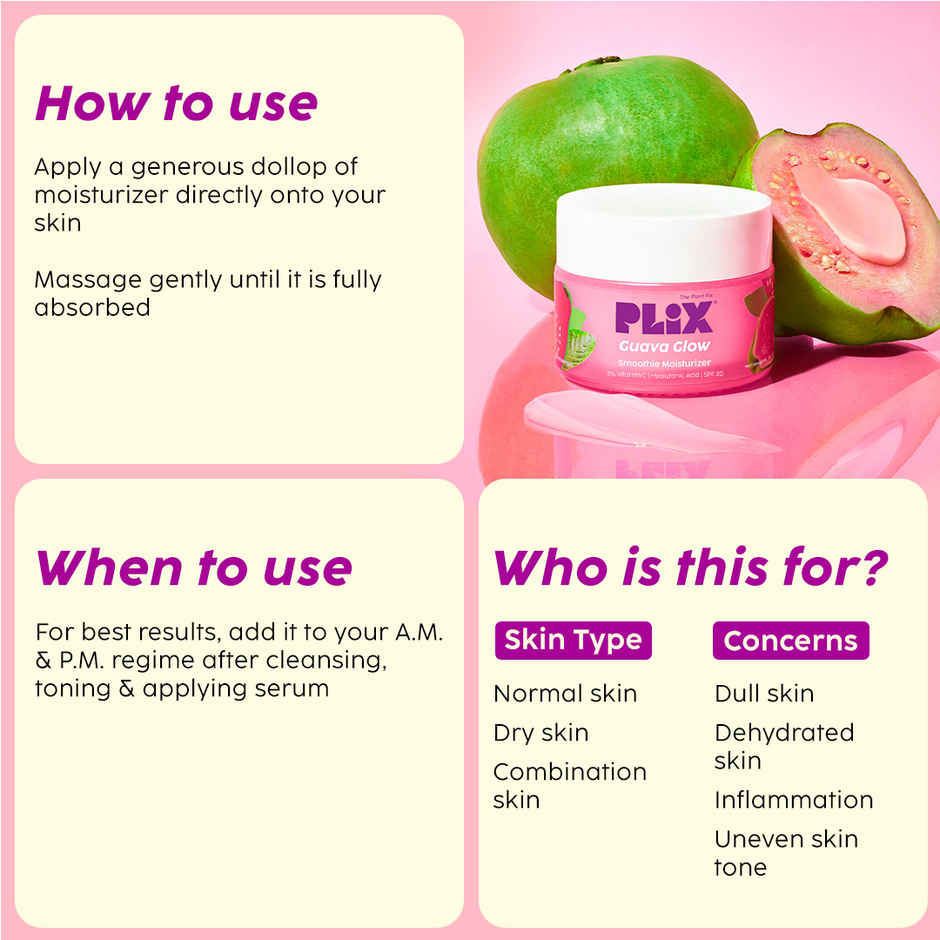 Plix Guava Glow Smoothie Moisturizer For Brighter Skin With Vitamin C & ALA, Promotes Hydration