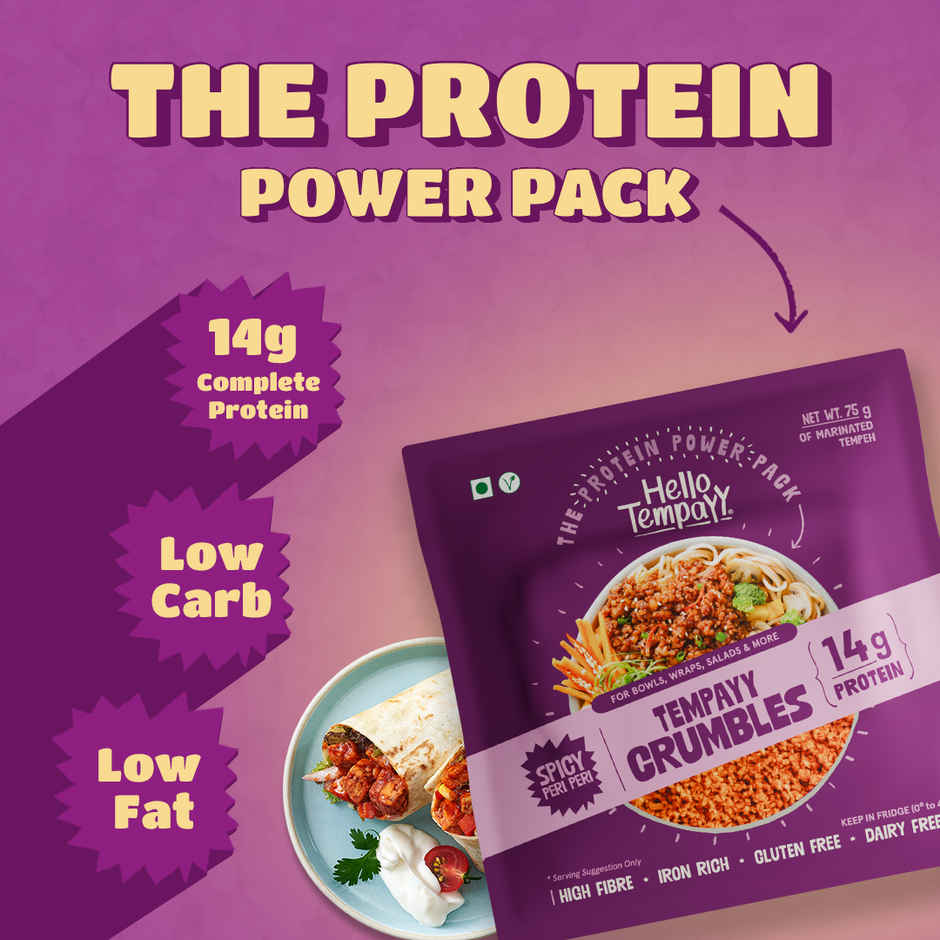 Hello Tempayy 14g Protein Tempeh Crumbles | Peri Peri | Heat & Add | Soy Tempeh