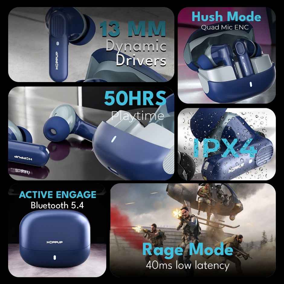 Hoppup Airdoze Rebellion Earbuds With 4 Mic Enc,13Mm Drivers, 50H Playtime(Blue,Grey,True Wireless)