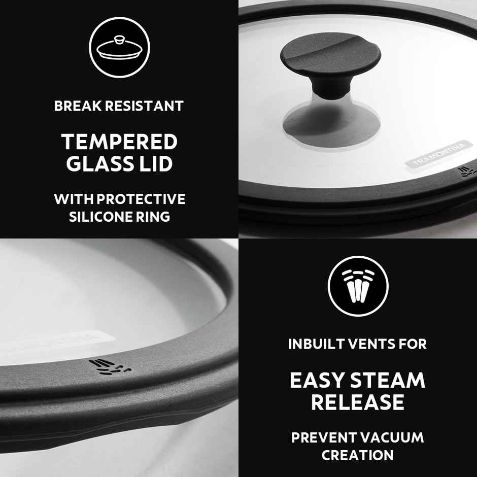 Tramontina Titanex 26 cm Pre-Seasoned Cast Iron Deep Kadai 4.6L, Non-Toxic, Induction Ready, Toughned Glass Lid w/Steam Release, Snap-On Cool Touch Grips, Excellent Heat Retention & Even Heating