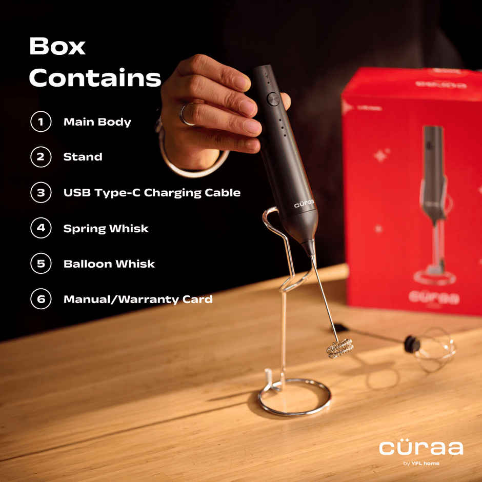 Curaa by YFL Home 10W Milk Frother for Coffee, 3 Speed Electric Milk Frother for Coffee, Lattes, Milk, Hot Chocolates & Cream, Handheld, Portable, Rechargeable Frother with Stand & Whisker - Black