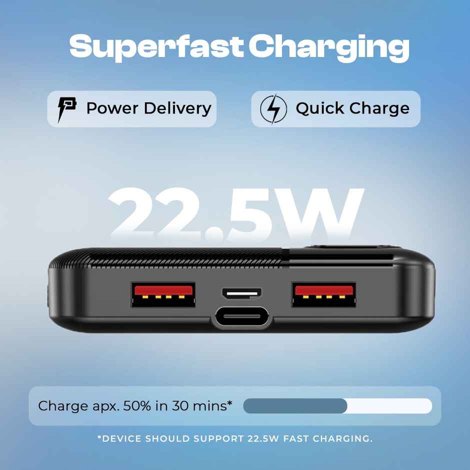 Lapcare Blaze 10000Mah Wired Power Bank | Dual USB Port + PD 22.5W Fast Charging USB Type-C Input | Led Indicator | Light Weight | Compact & Slim Design | Made in India - Black