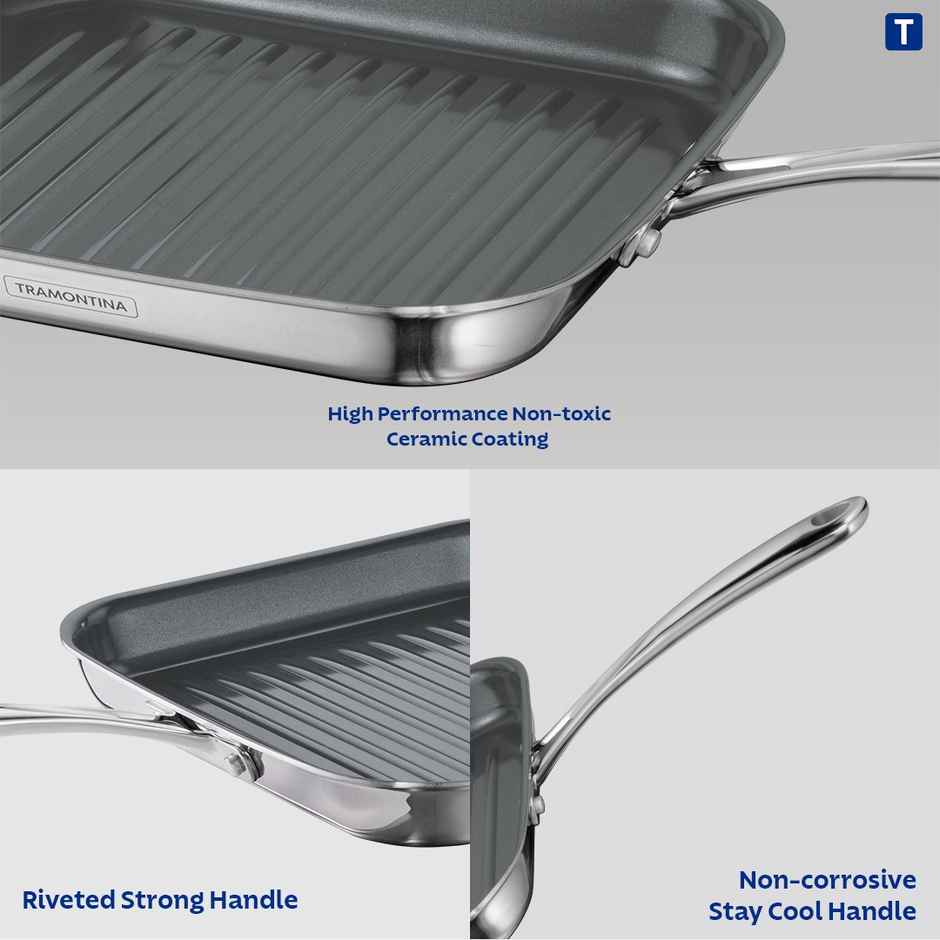 Tramontina Fusao Healthy Triply Ceramic 26cm Grill Pan EX+ | Barbeque | Tandoori | Roast | Induction Friendly | Stay Cool Handle