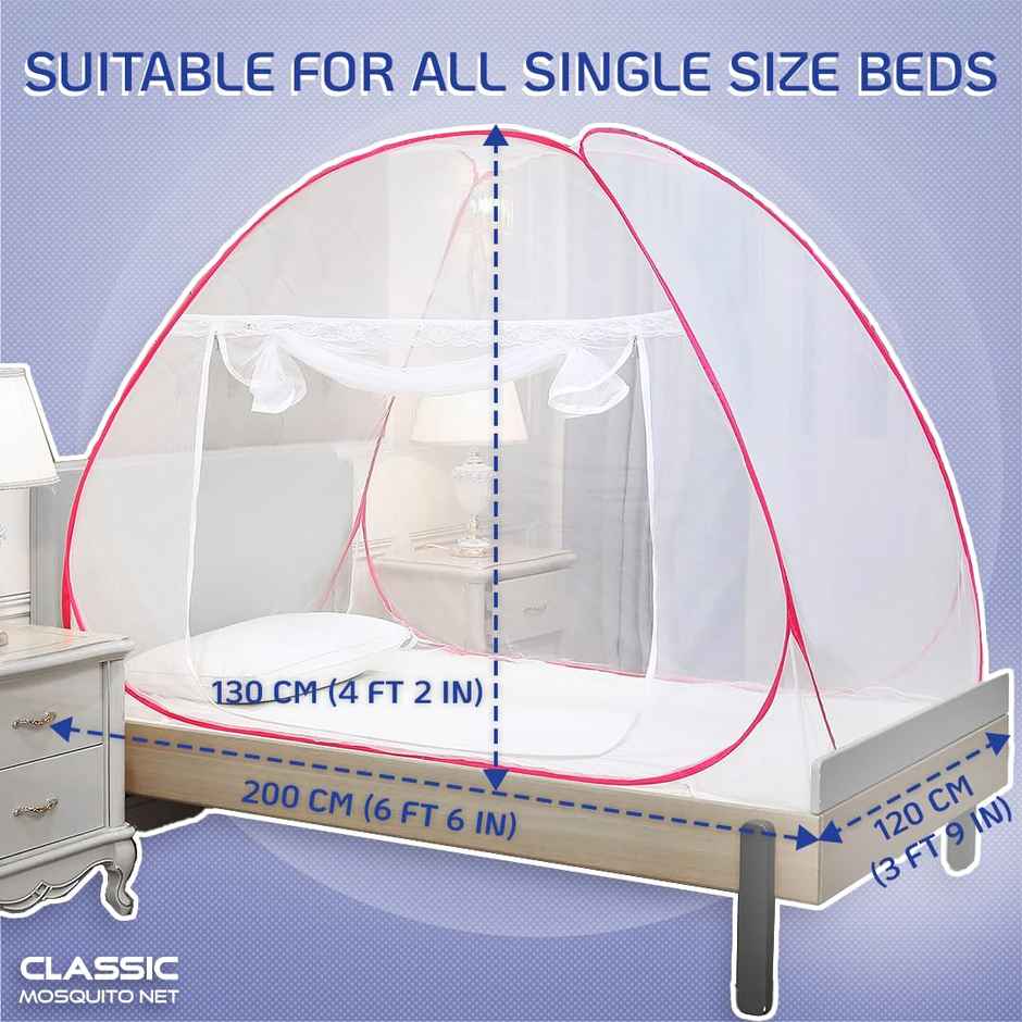 Classic Mosquito Net For Single Bed | Foldable Machardani | Polyester Strong 30Gsm Mesh - Pink.