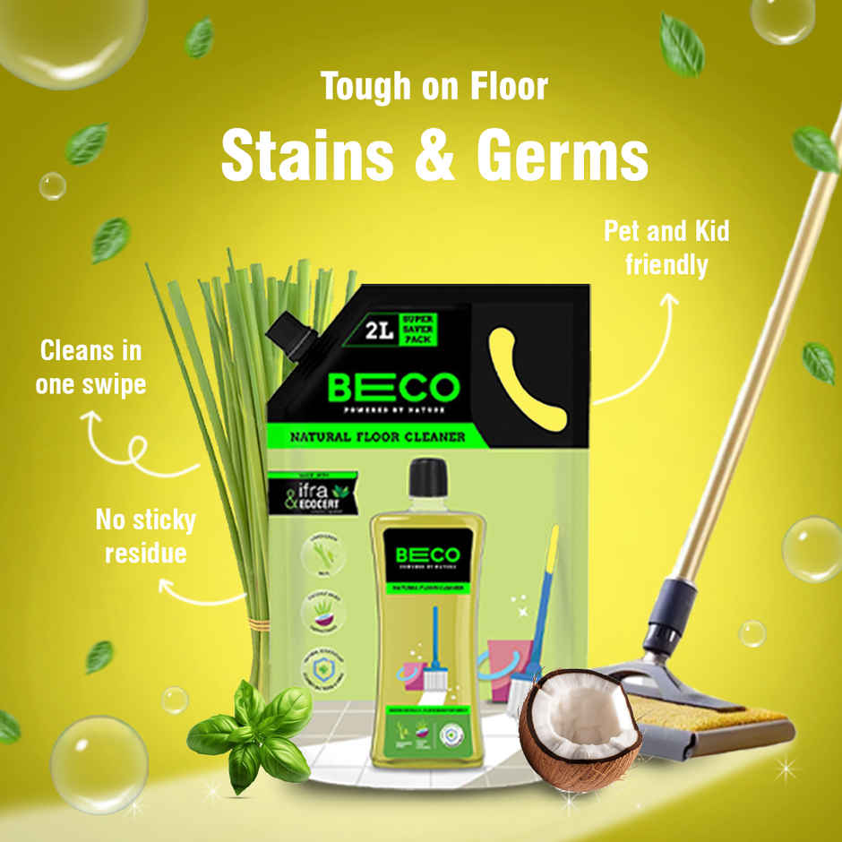 Beco Lemongrass & Basil Freshness Natural Disinfectant Floor Cleaner Refill Pack (2L) & Beco Eco-Friendly Dishwash Liquid (750ml) Combo