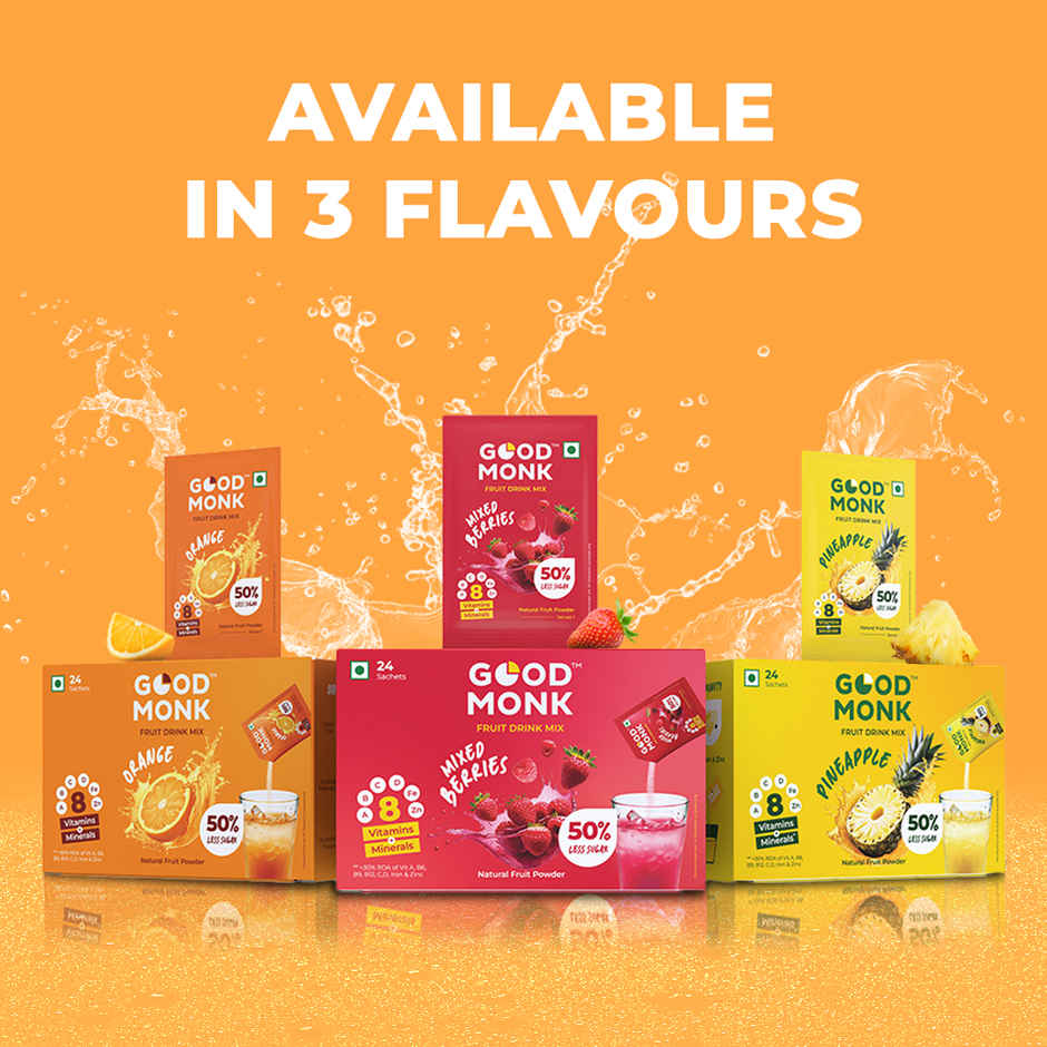 Good Monk Fruit Drink Mix | Natural Orange | 50% Less Sugar | 8 Vitamins & Minerals | 24 Sachets