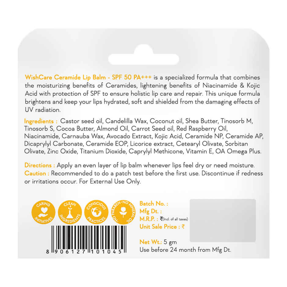 WishCare Ceramide Lip Balm SPF 50 PA+++|Niacinamide & Kojic Acid|Protects & Moisturizes | Natural