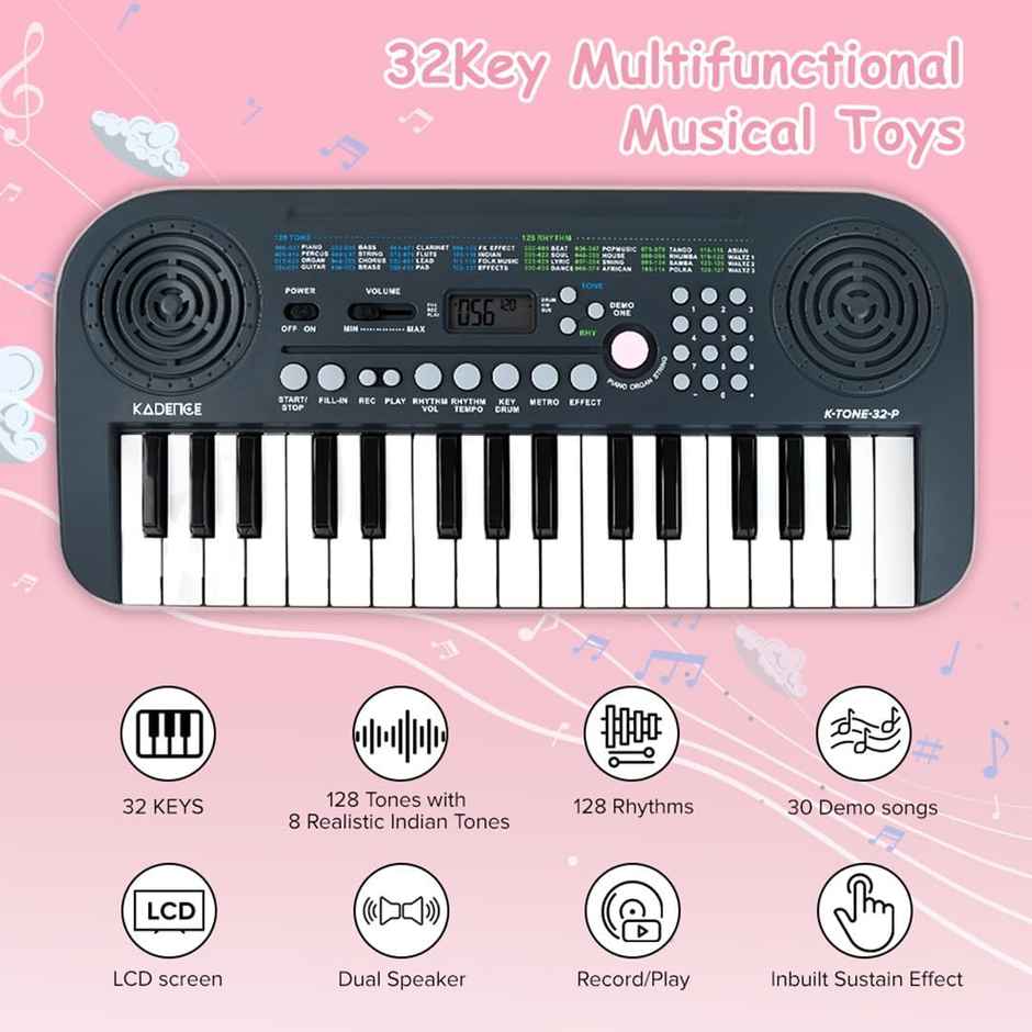 Kadence K-Tone Pink Kids Keyboard | 32 Mini Keys, 128 Tones, Rhythms & Adapter