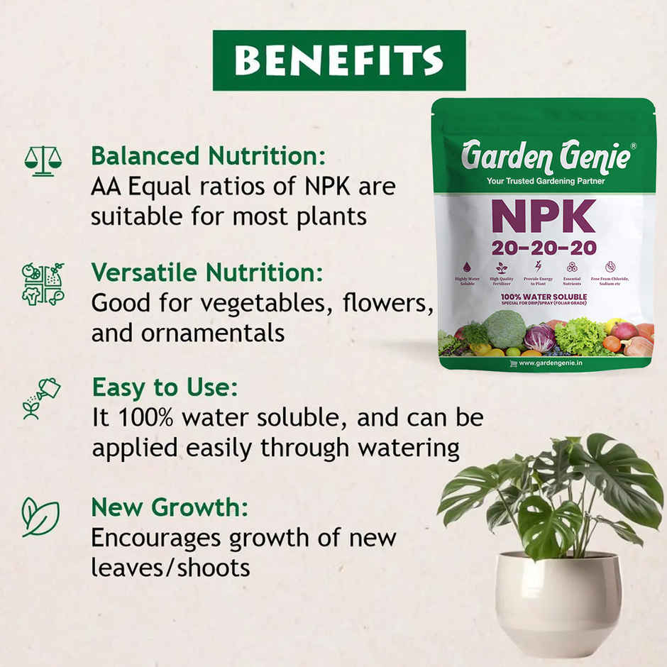 Garden Genie NPK 20-20-20 | Water Soluble Plant Booster NPK Fertilizer for Gardening Plants