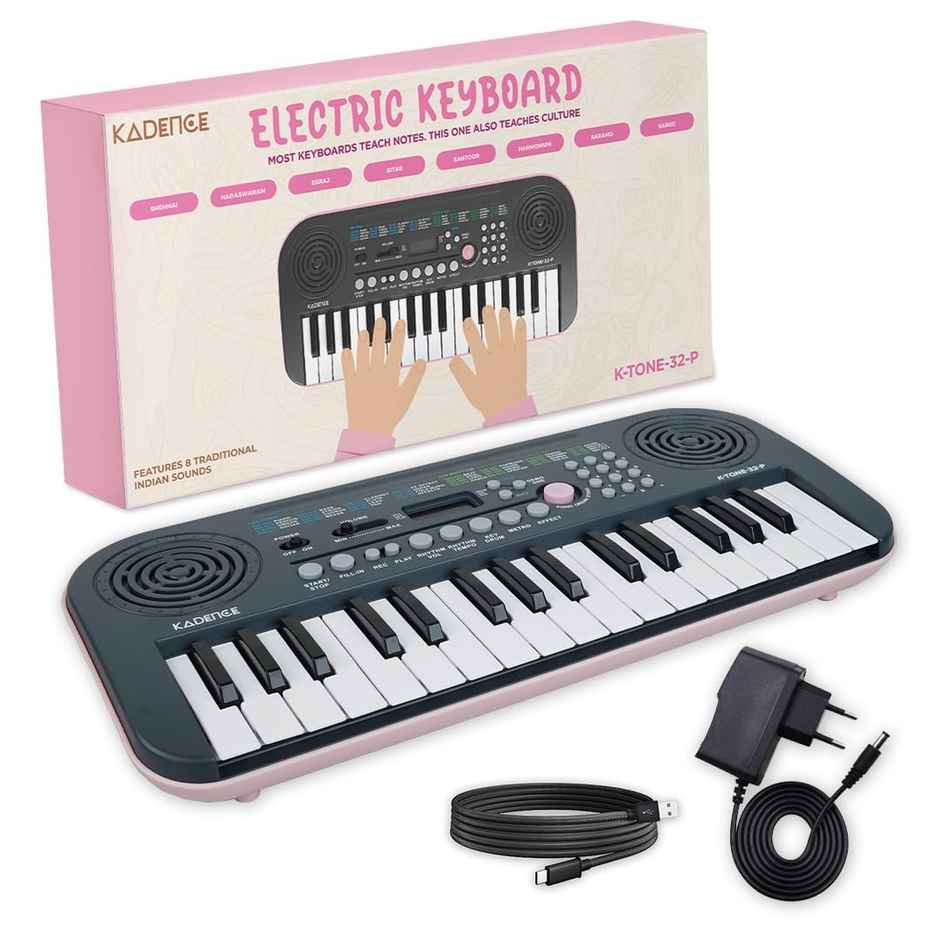 Kadence K-Tone Pink Kids Keyboard | 32 Mini Keys, 128 Tones, Rhythms & Adapter