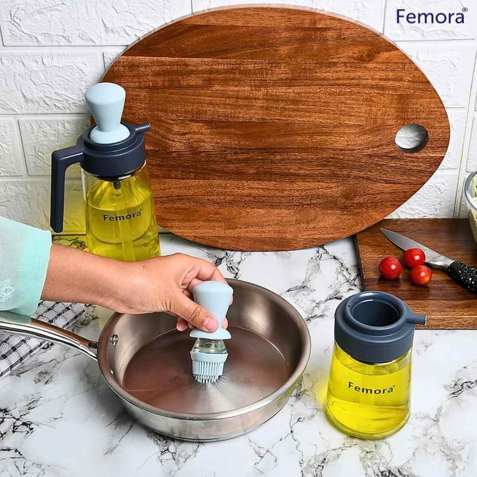 Femora Glass Oil Dispenser Bottle With Silicone Brush & Dropper 550 ml - Multicolor