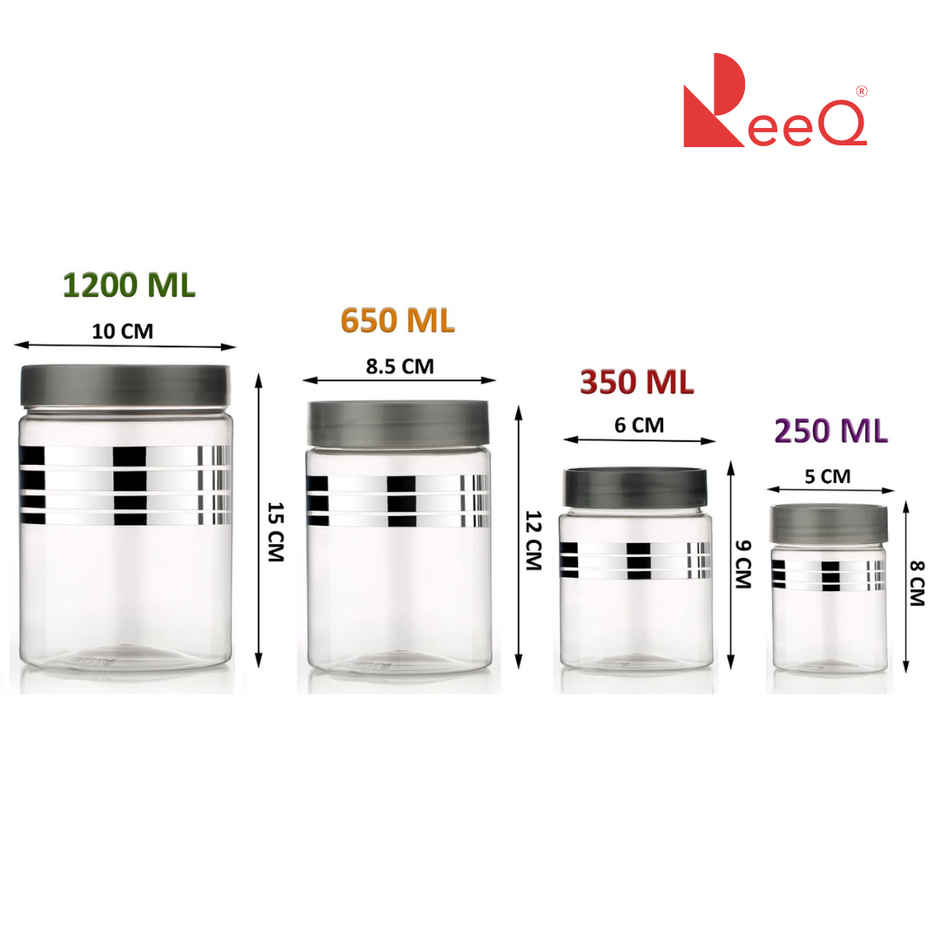 ReeQ Kitchen Storage Jar Set Transparent Plastic Containers with Silver Lids and Spoons