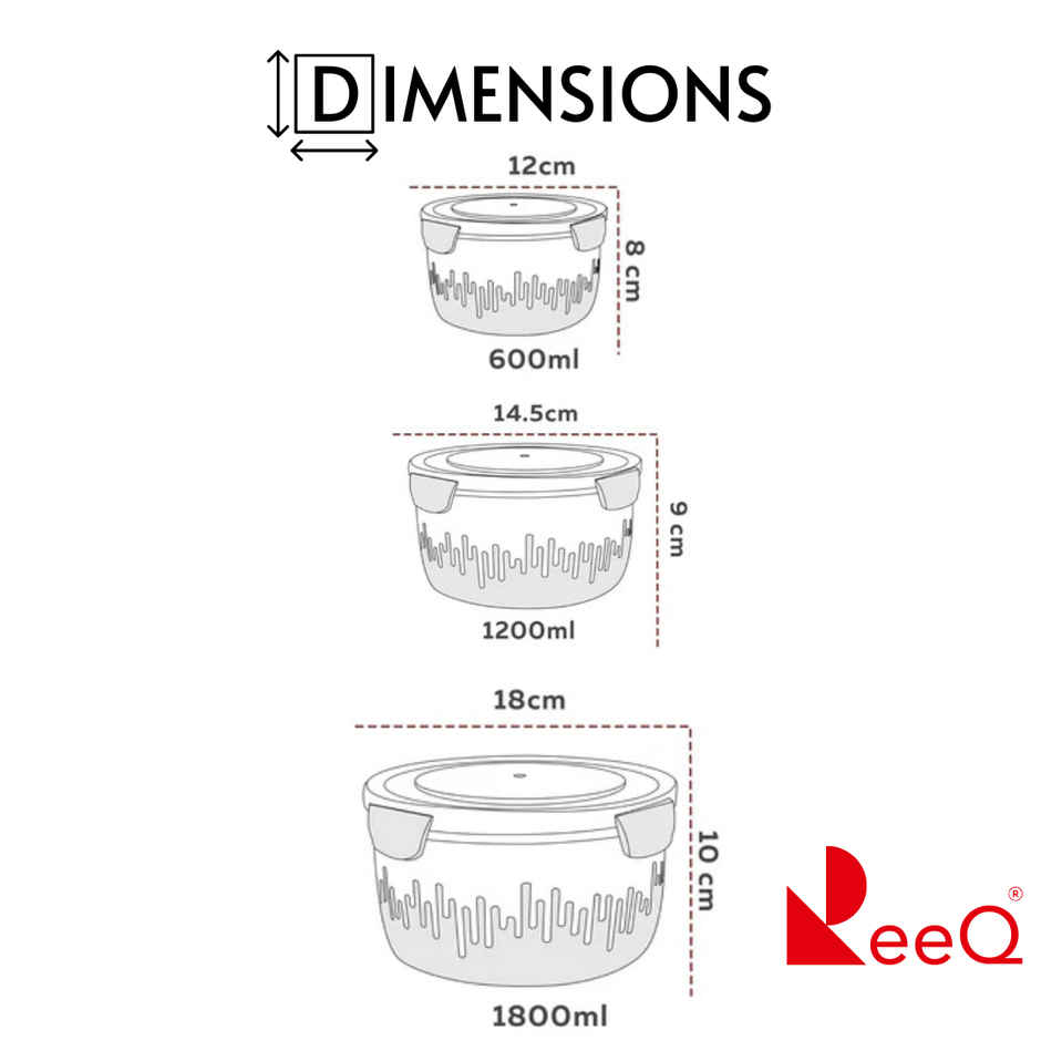 ReeQ Premium Round Plastic Container Set | 1.8 L + 1.2 L + 600 ml