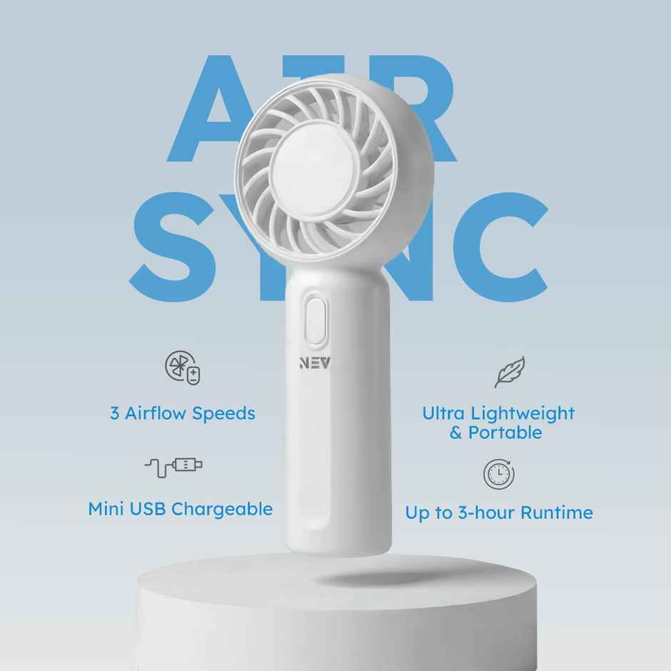 NEV Air Sync Portable Mini Fan with 3 Speeds, Handheld and Desktop, 500 mAh