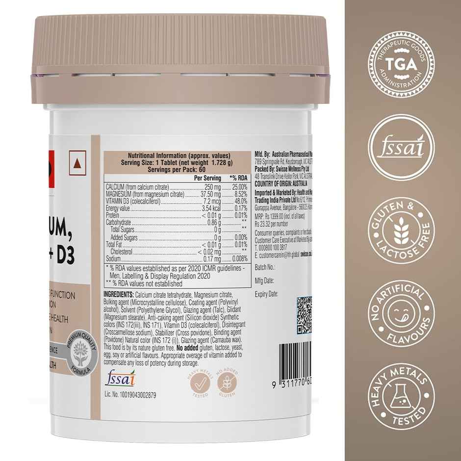 Swisse Magnesium, Calcium+D3 Supports Muscle Function, Energy & Bone Health - 60 Tablets