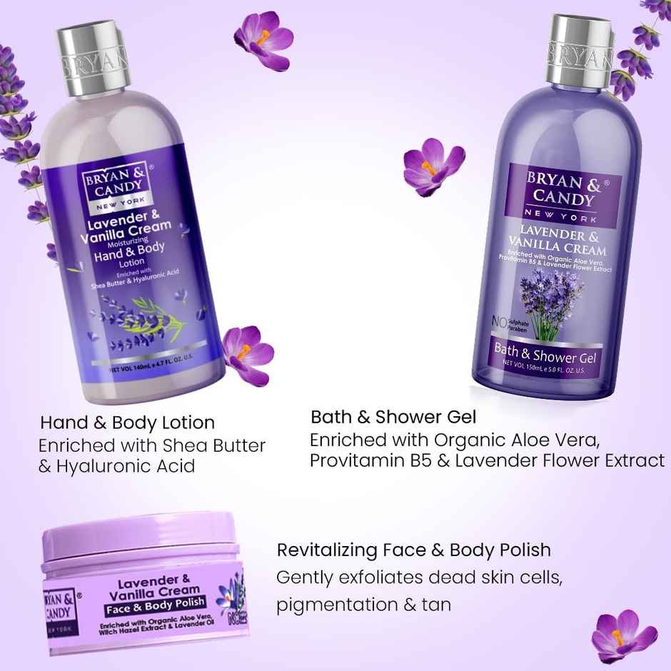 Bryan & Candy Lavender Heart Kit Combo|Shower Gel|Hand-Body Lotion|Body Polish|Loofah|Pack Of 3