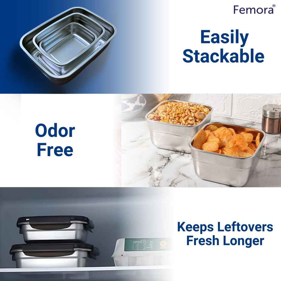 Femora High Stainless Steel Square Container Leak Proof Airtight Lid 350 ml - Silver