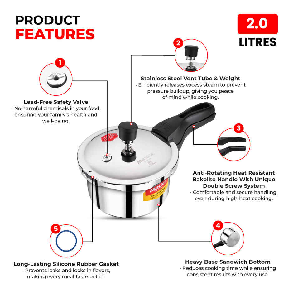 Master Amora Stainless Steel Outer Lid Pressure Cooker 2L, Gas And Induction Stove Compatible