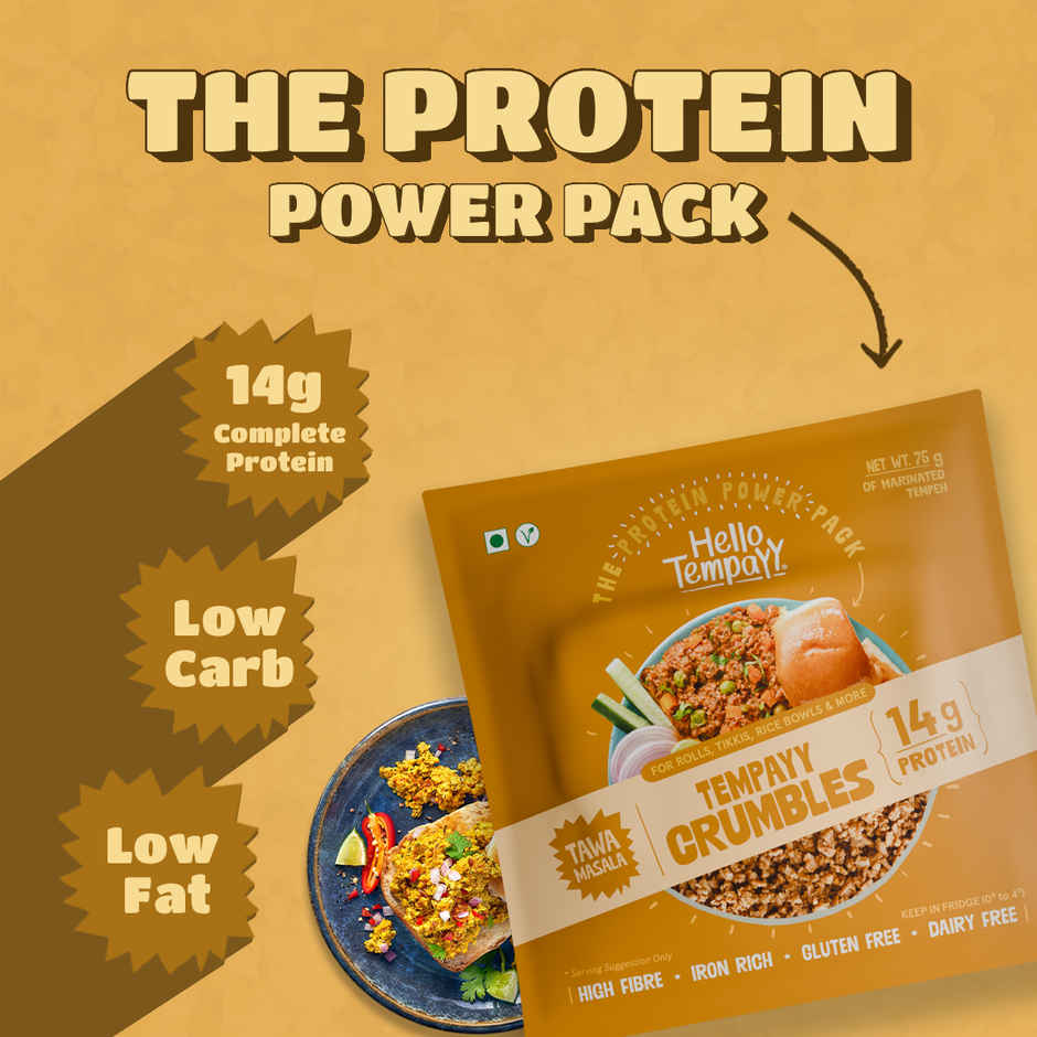 Hello Tempayy 14g Protein Tempeh Crumbles | Tawa Masala - Heat & Add | Soy Tempeh
