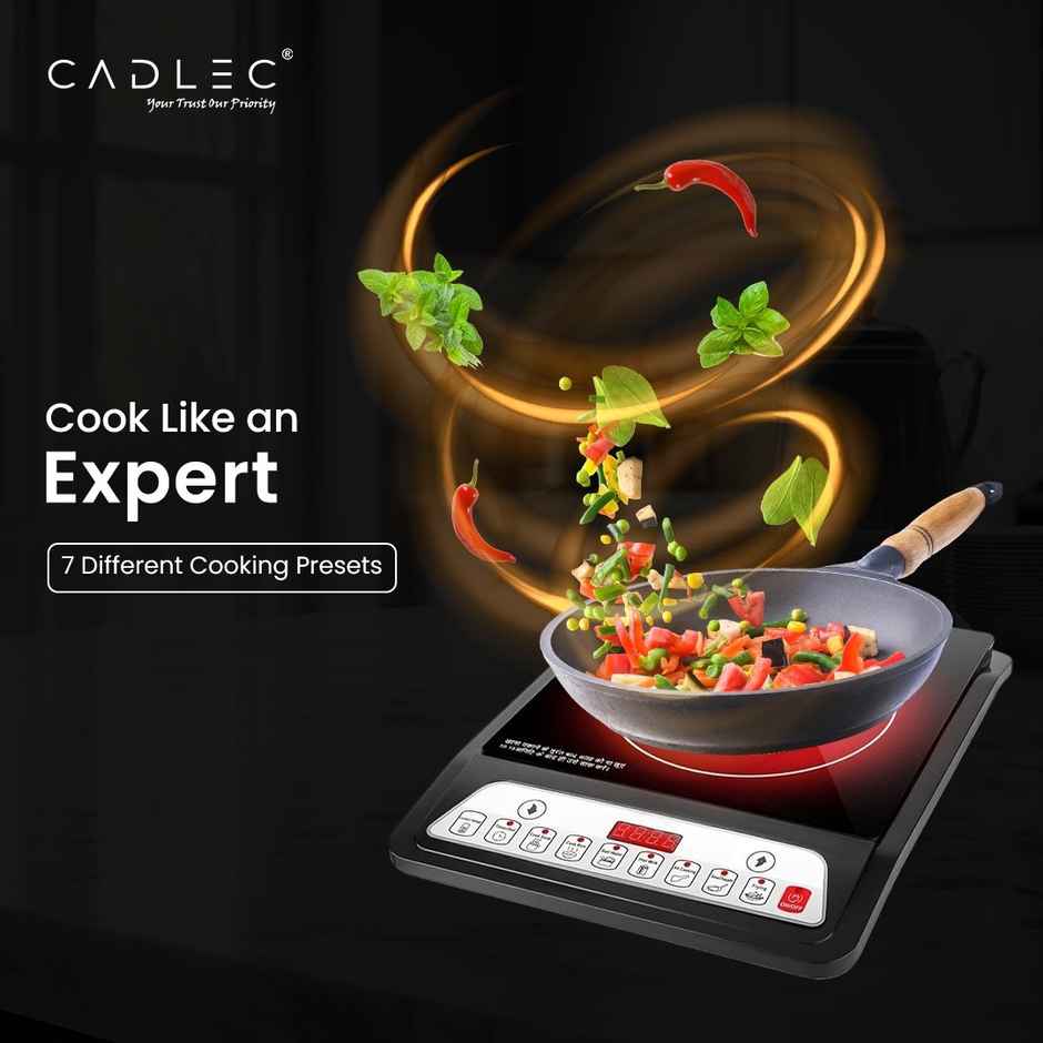 Cadlec CookMate 2000W Induction Cooktop with Crystal Glass, 7 Cooking Modes, Auto Shut-Off, Over-Heat Protection, LED Display - Black