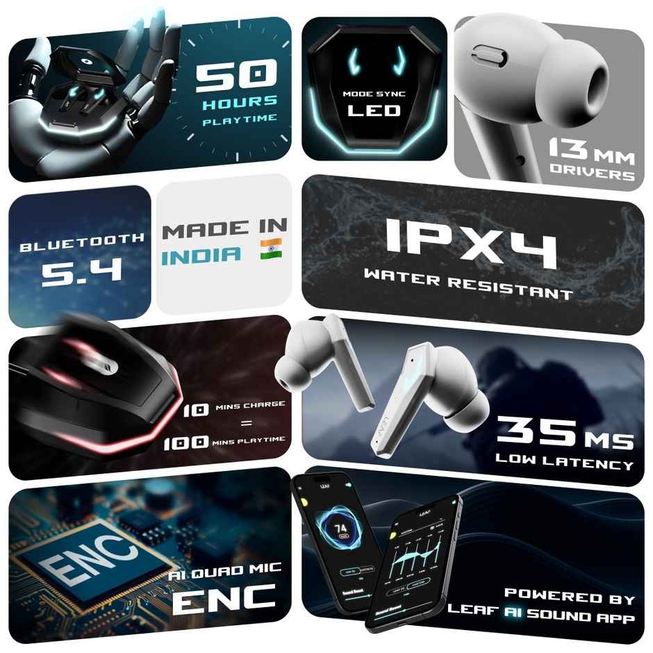 Leaf Buds X468 Gaming Earbuds with AI Sound App | 40H Playtime | AI ENC | TWS - Ivory Spaceship