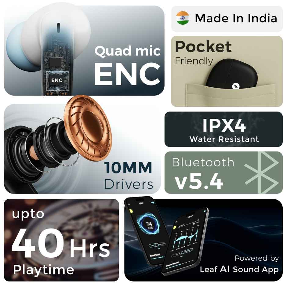 Leaf Buds X334 True Wireless in Ear Earbuds AI Sound App, 40H Playtime, Quad Mic with ENC, Espresso