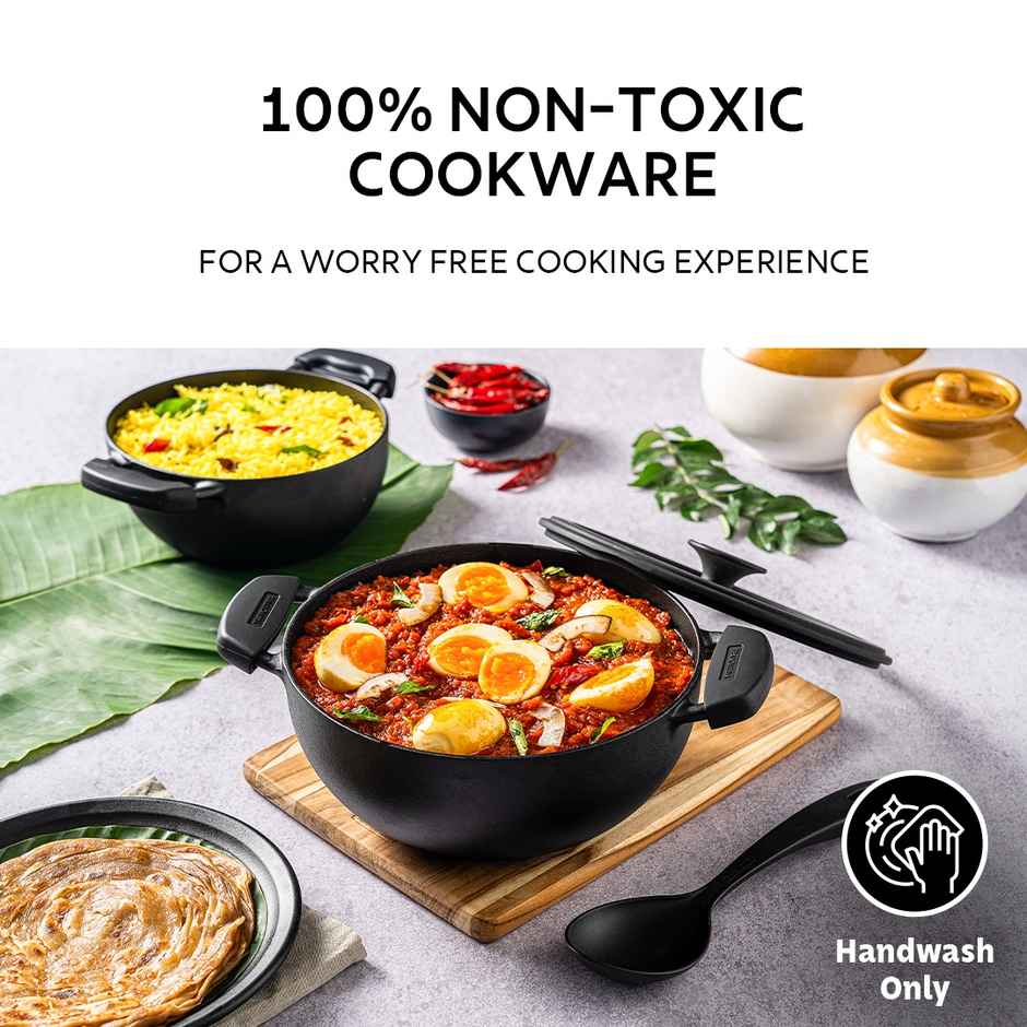Tramontina Titanex 26 cm Pre-Seasoned Cast Iron Deep Kadai 4.6L, Non-Toxic, Induction Ready, Toughned Glass Lid w/Steam Release, Snap-On Cool Touch Grips, Excellent Heat Retention & Even Heating