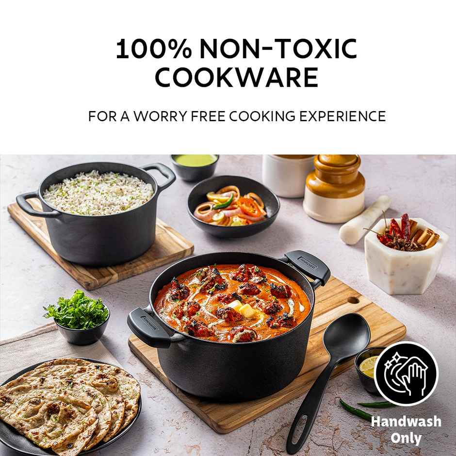 Tramontina Titanex 24 cm Pre-Seasoned Cast Iron Biryani Pot 4.9L, Non-Toxic, Induction Ready, Toughned Glass Lid with Steam Release, Snap-On Cool Touch Grips, Excellent Heat Retention & Even Heating