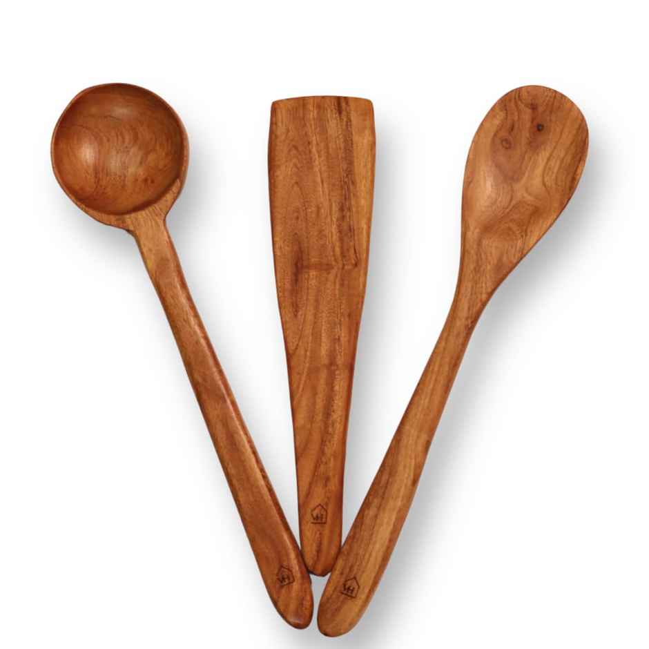 Vesta Homes Set Of 3 Neem Wood Spoon, Compact Flip, Spatula/Ladle|No Polish| Non-Stick|Hand Carved