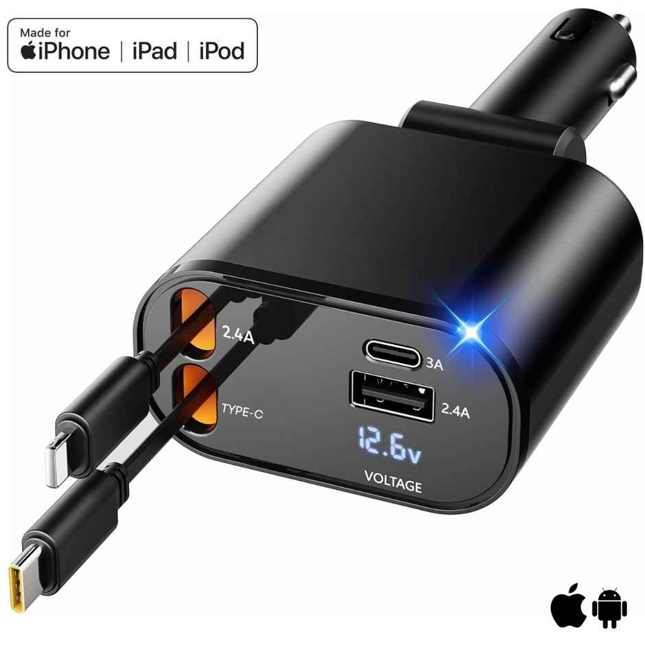 Roarx 120W Car Charger with PD Type C & Lightning Cable Support