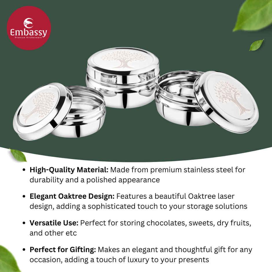 Embassy Oaktree Storage Containers / Dabbas / Laser-Design Canisters, Set Of 3 (350,500,700 ml), Ss