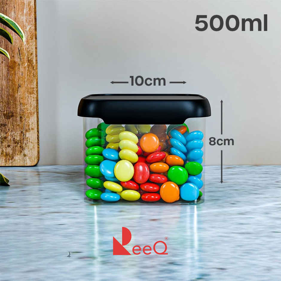 ReeQ Airtight Food Storage Containers Square Jars | Black Lid - 500 ml