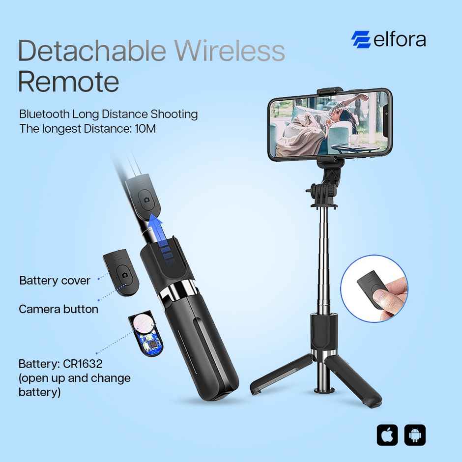 Elfora Bluetooth Selfie Stick Tripod Stand with 360 Degree Adjustable | Black