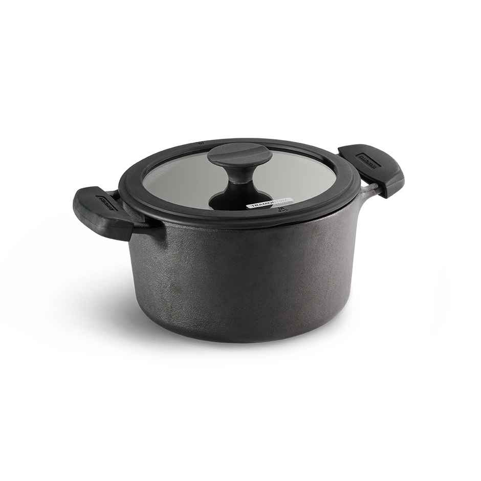 Tramontina Titanex 20 cm Pre-Seasoned Cast Iron Biryani Pot 3.1L, Non-Toxic, Induction Ready, Toughned Glass Lid with Steam Release, Snap-On Cool Touch Grips, Excellent Heat Retention & Even Heating