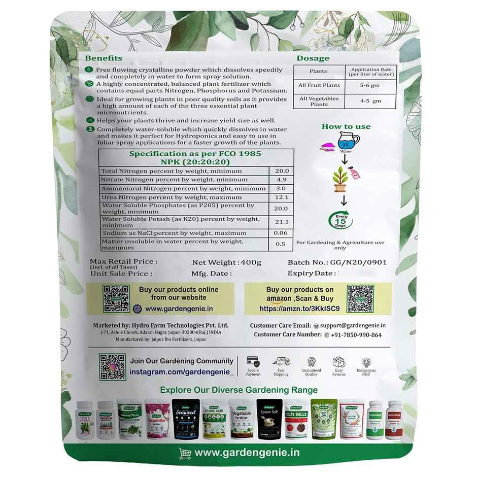 Garden Genie NPK 20-20-20 | Water Soluble Plant Booster NPK Fertilizer for Gardening Plants