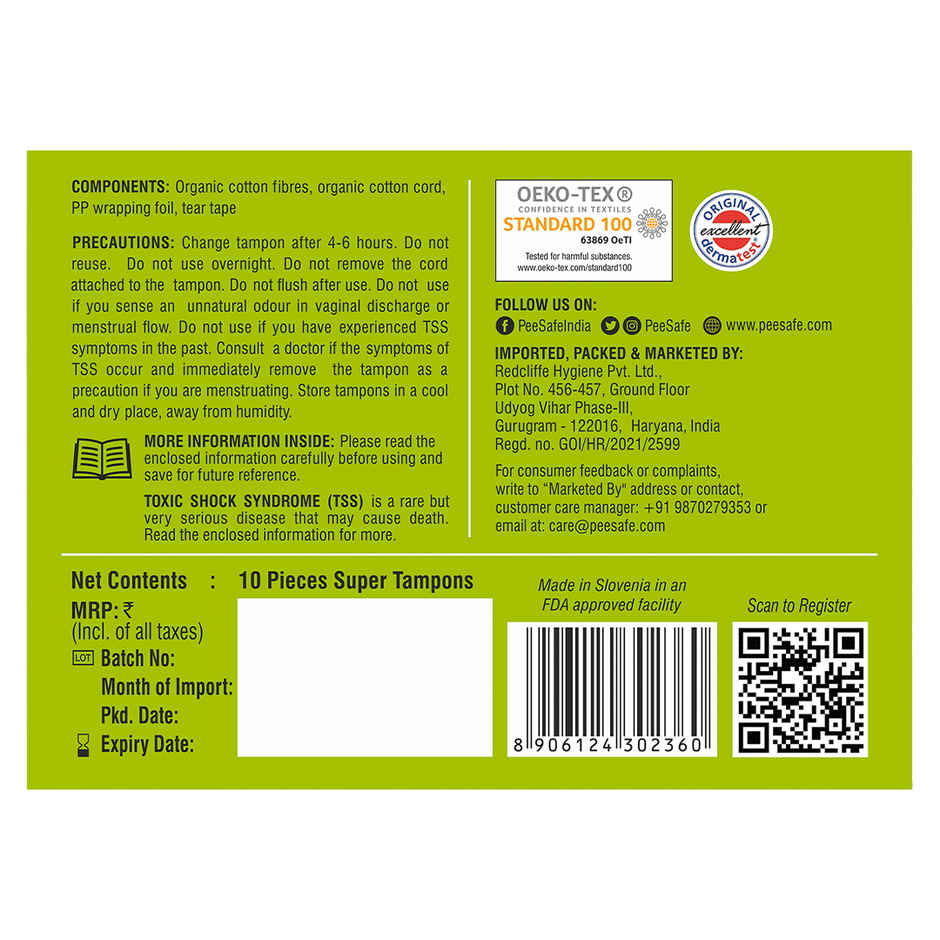 Pee Safe 100% Organic Tampons Super
