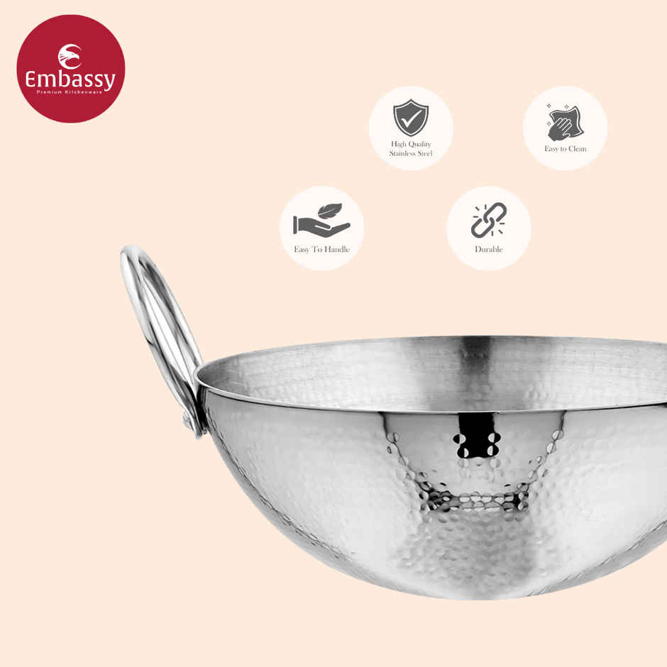 Embassy Premium Deep Hammered Kadhai, Heavy-Weight, Size 22-1800 ml, Induction-Safe Stainless Steel