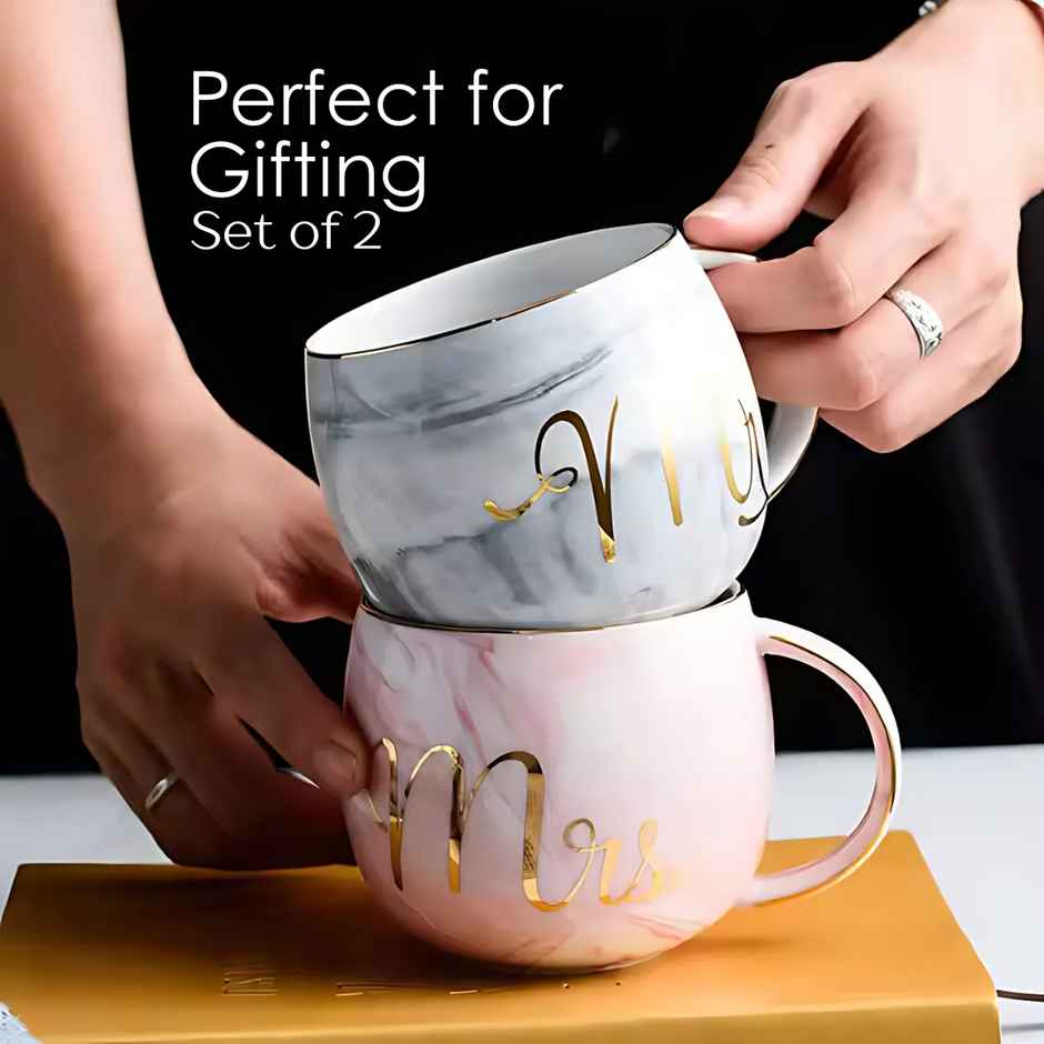 Femora Mr Mrs Ceramic Coffee Mug Set | Grey & Pink - 300 ml